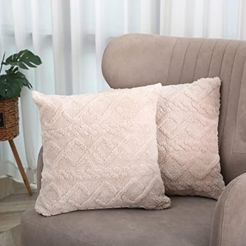 DANUBEE Pack of 2 Soft Plush Camel Cushion Covers 45x45 Boho Style Square Pillow Cases with Short Fluffy Faux Wool Pillow Shell Pillowcases for Sofa Couch Bedroom Living Room, Taupe