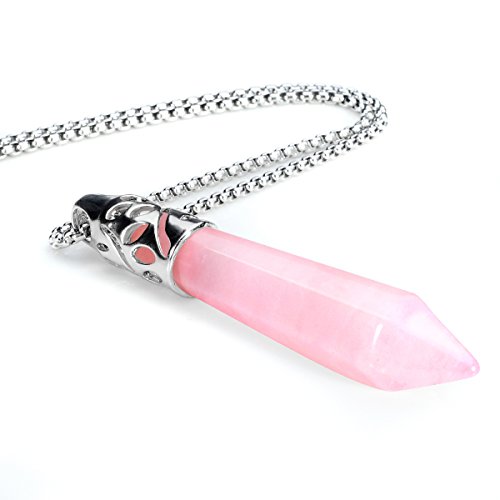 BEADNOVA Healing Crystal Necklace for Women Men Natural Rose Quartz Crystal Pendant Energy Healing Gemstones Jewelry Pendulum Crystal Divination (Hexagonal, 18 Inches Stainless Steel Chain)3