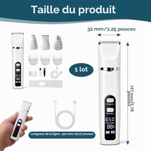 Kit Toilettage Chien 4 en 1, Tondeuse Chien et Tondeuse Chat Silencieuse Sans Fil, Tondeuse Pour Chien Professionnelle avec Écran LCD, Tondeuse Animaux pour Poils Longs et Pattes, Blanc – vue 2