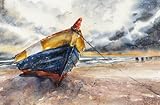 Support mural inclus adrium Tableau en bois de 80 x 50 cm : bateau en bois sur la côte de la mer Baltique péninsule Hel, Pologne. Image réalisée avec des aquarelles (128369276)