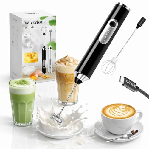 Wazdorf 3-Speed Electric Coffee Frother with Double Whisk | Rechargeable Hand Blender, Beater & Milk...