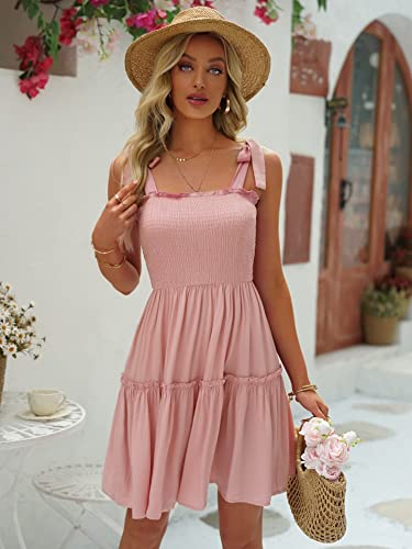 Image of Womens Summer Casual Dresses Spaghetti Strap Smocked Mini Dress