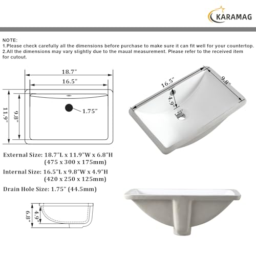 Undermount Bathroom Sink 18.7"X11.9" Inch White Rectangular Porcelain Ceramic Vanity Basin with Overflow KARAMAG - Thumbnail 5