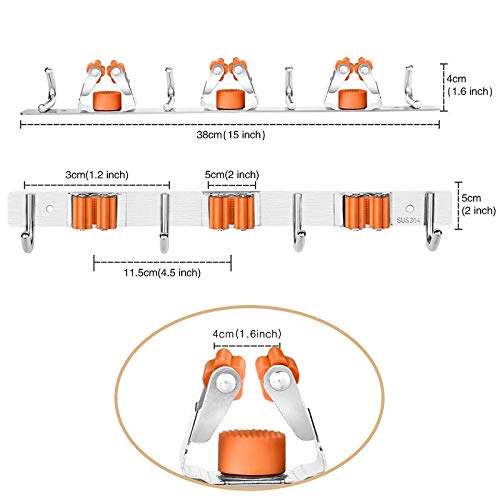 Poprun Broom Mop Holder Wall Mount Hangers,Organizer And Storage Clip For Utility Closet, Laundry, Garage/Kitchen/Garden Tool,Vacuums,And Cleaning Supplies, Stainless With 3 Racks 4 Hooks (Orange) #TOP1