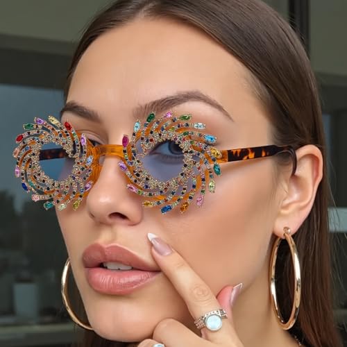 IYANCHENG Exaggerated Circular Threaded Hollowed-Out Sunglasses Adorned With Oversized Colored Rhinestones (Blue) by IYANCHENG - Used condition - Image 3