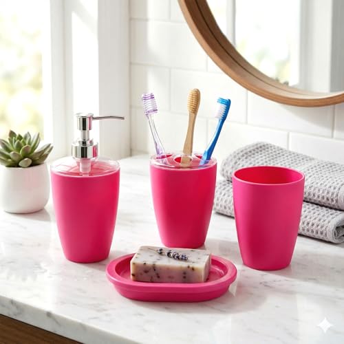 Go Hooked 4-Piece Bathroom Accessories Set with Soap Dispenser, Toothbrush Holder, Tumbler & Soap Dish | Premium Plastic Bath Set | Modern Stylish Washroom Organizer Kit (Pink)