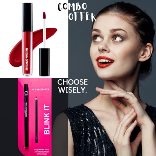 Image of Blinkit Kajal and Red Matte Liquid Lipstick Combo Set, Smudge-proof, Waterproof