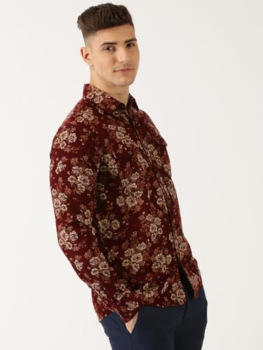 Image of Thomas Scott Men Slim Fit Pure Cotton Corduroy Floral Printed Semi-Formal Shirt