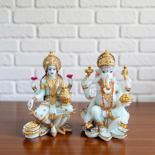 Image of YASHONIDHI Lakshmi MATA and Lord Ganesh Idol Set, White and Golden, Marble Dust, 7 Inches, Perfect for Pooja Room, Diwali Puja, Gift for All Occasions.
