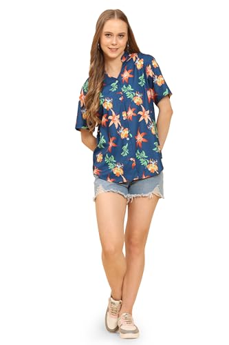 Image of Womens Casual Shirt Soft Beach Shirts Floral Tropic Print V Neck T-Shirt Short Sleeve Button Up Tops