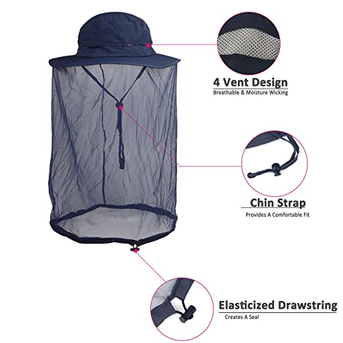 Flammi Mosquito Head Net Hat Fishing Hat W/Head Net Upf 50+ Sun Protection Safari Boonie Hat Cap Outdoor For Men/Women (Navy Blue) #TOP3
