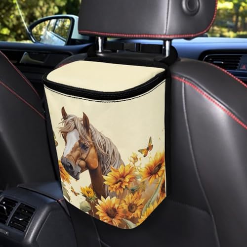 Image of Hanging Sunflower Horse Car Trash Bag Zip Leak Proof Vehicle Garbage Bin with Lid Mini Portable Vehicle Waste Storage Bag for Automotive Front Back Seat Headrest