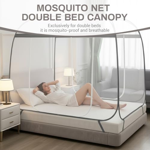 Image of HASTHIP Double Bed Mosquito Net with Stand Pop Up Fine Mesh Canopy Tent Frame with Dual Door for Bedroom 180x200x145cm