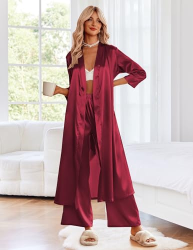 Image of Ekouaer Silk Robes for Women Long Satin Bride Bridesmaid Wedding Party Robes Lightweight Sexy Sleepwear with Pockets