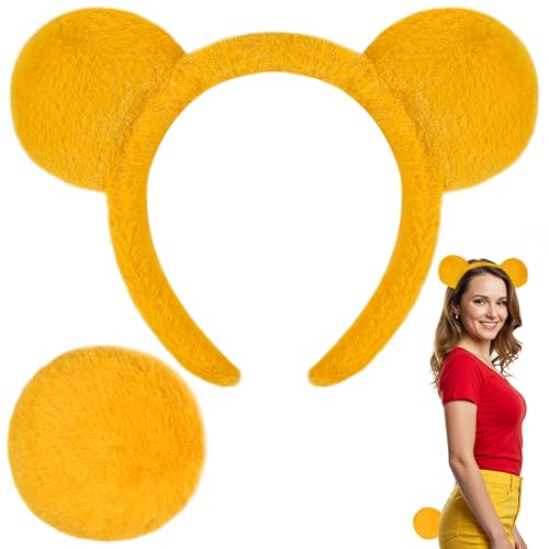 U-Goforst Yellow Bear Ears Headband and Tail, Bear Headband for Women, Yellow Headbands for Halloween Costume Accessories Set