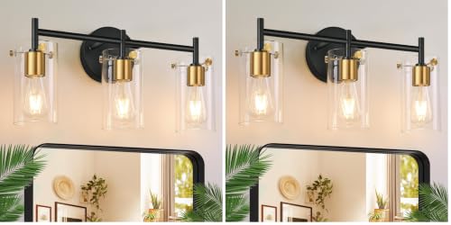 Image of Indoi Bathroom Light Fixtures, 3-Light Black and Gold Vanity Light, Black Bathroom Lights Over Mirror with Clear Glass Shade for Mirror Bedroom Living Room (Pack of 2)
