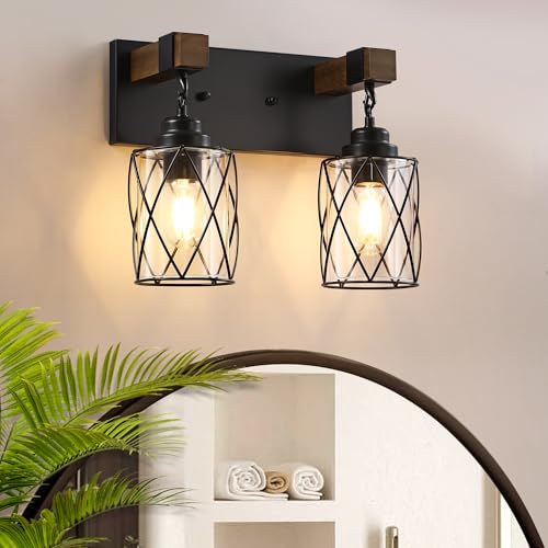 Image of Bathroom Light Fixtures, Farmhouse Wood & Black Metal with Glass Shade | 2 Light Rustic Vanity Lights, Mounted Over Mirror For Bathroom, Bedroom and Hallway, Easy To Install