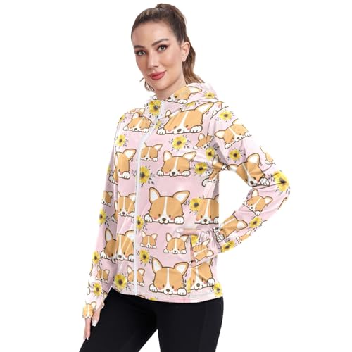 Corgi Flower Women's UPF 50+ Sun Protection UV Jacket - Zip Up Hoodie Long Sleeve Hiking Fishing SPF Performance Shirt with Pockets Thumbhole