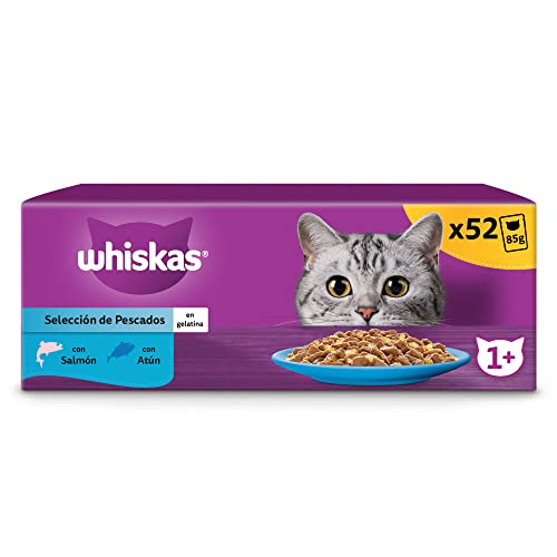 whiskas Comida Húmeda en Gelatina para Gatos Adultos Selección Pescados 13 x 4 bolsitas x 85g