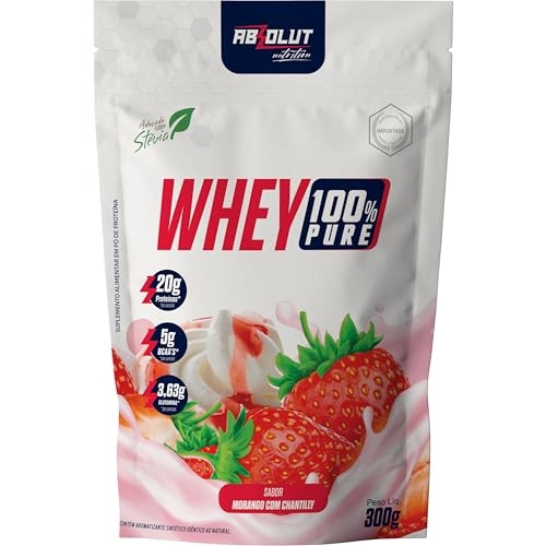 Whey Protein Absolut Nutrition 100% Pure, Sabor Morango, 300g | Embalagem pouch com 21g de proteína concentrada por porção