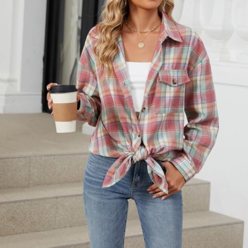 Flannel Plaid Shirts Womens Fall Casual Long Sleeve Button Down Tops Teacher Clothes Thanksgiving Cotton Sweatshirt Tee Y2K Pink - image 2