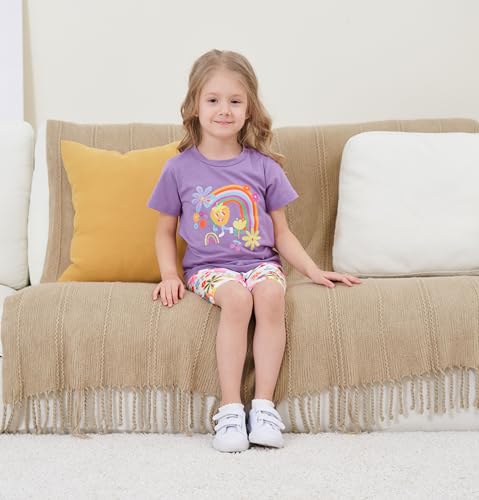 Image of Ayzozuy Kid Girl Clothes Shorts Set 2 Piece Outfits Summer Casual Short Sleeve Top and Shorts Set for Girls 4-7