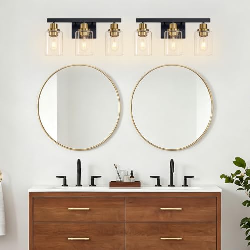 Image of 3-Light Bathroom Light Fixtures,Black and Gold Vanity Lights 17 inch | Modern Wall Sconce Lighting,Vanity Light Over Mirror with Clear Glass Shade,Farmhous Wall Mounted for Bathroom,E26 Base