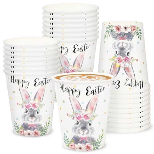 JarThenaAMCS 30Pcs Happy Easter Paper Cups Watercolor Bunny Flower Disposable Cups Spring Floral Rabbit Party Cup for Juice Coffee Hot Cold Drink Home Party Supplies, 9oz