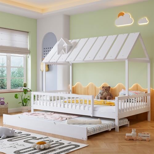 Cama 120 x 200/190 cm, cama plegable con techo con repisa de chimenea, cama juvenil, con rejilla de 3 lados, pino y tablero de fibra de densidad media, color blanco