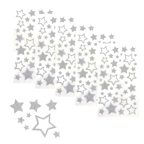 JZK 5 folhas de decalques de estrelas prateadas com purpurina para artesanato, decalques de estrelas de Natal com purpurina para o Natal, casamento, aniversário, decoração de festa de aniversário