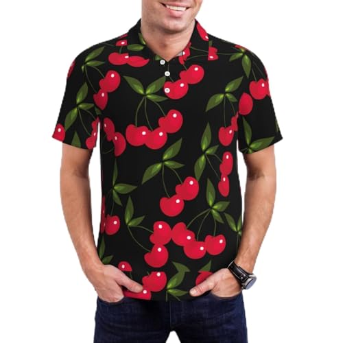 Cherry Mens Golf Shirt Classic Button Short Sleeve Polo Shirts Moisture Wicking Tees