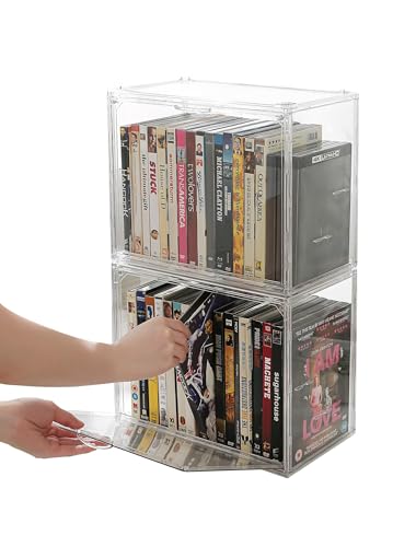 Clear Acrylic DVD Storage Organizer Boxes, 2Pcs Durable Disc Holder, Fits Up to 34 Cases Each, Stackable Media Organizer for DVDs, Blu-ray, CDs, Video Games, Space-Saving Design