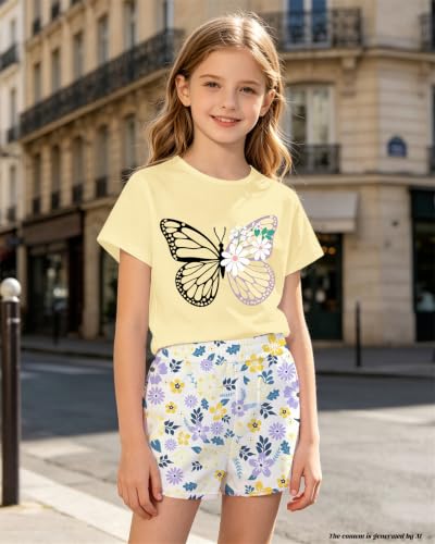 Image of Bestuline Girls Summer 2 Piece Outfits,Basic Short Sleeve Top & Shorts Set with Side Pockets,4-14Y