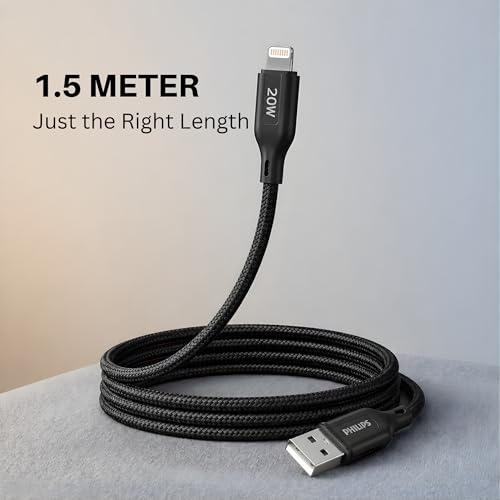 Image of PHILIPS DLC4150VB /94 20W iPhone Original Type-A to Lightning Fast Charging Cable (1.5m, Dark Slate) | MFi Certified | 480Mbps | Nylon Braided | Compatible with iPhone & Other Lightning Devices