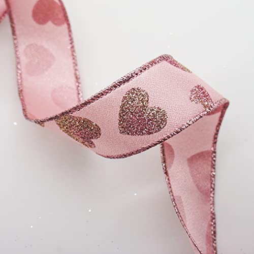Ct Craft Llc Rose Pink Satin With Glitter Heart Wired Ribbon For Craft Packing, Gift Wrapping, Diy Craft, Valentine's Day Decoration- 1.5" X 20 Yards X 1Roll #TOP4