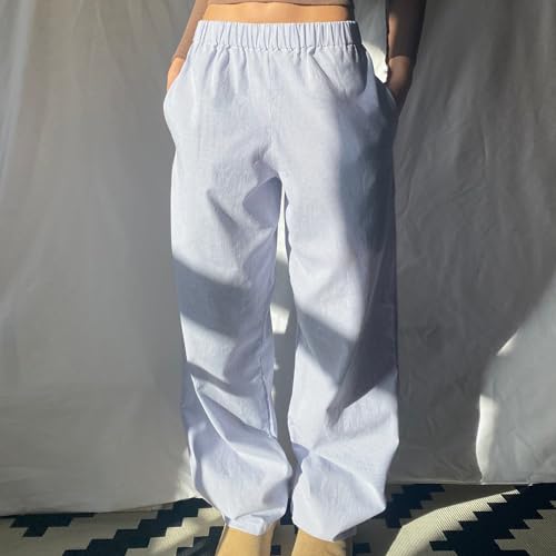 Women's Y2K Pants Casual Loose Stripe Print Drawstring Elastic Waist Straight Long Trousers with Pockets Streetwear2