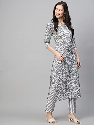 Image of GoSriKi Women's Cotton Blend Printed Straight Kurta With Pant