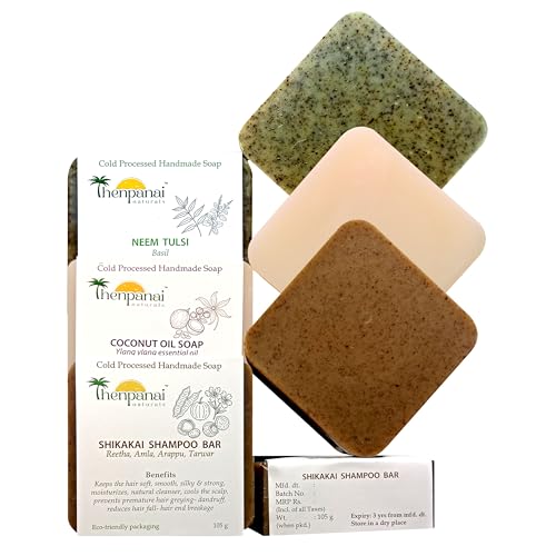 Image of Handmade Soaps Combo - Shikakai Shampoo Bar, Coconut Oil Ylang Ylang & Neem Tulsi Basil Soaps | Herbal Bathing & Hair Care Bars | Gentle Cleansing, Anti-Acne | Pack of 3 (105g each)