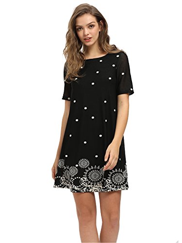 Romwe Women's Short Sleeve Floral Print Loose Casual Tunic Swing Summer Shirt Dress Black S