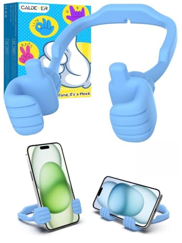 A giant thumbs-up hand holds your phone upright — part functional stand, part absurdist desk sculpture.