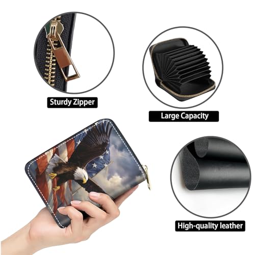 Credit Card Holder Wallet, RFID Blocking Card Wallet for Women, Small Leather Card Case Wallet with Zipper Accordion Wallets, Patriotic American Flag Bald Eagle3