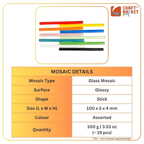 Image of Assorted Colours Glass Mosaic Tiles (20 Variations) (All Packs: 100 g,200 g,500 g), DIY Mosaic Art, Decoration, Crystal Glass Mosaic Tiles (Glossy Stick 100 x 5 mm), 100 g