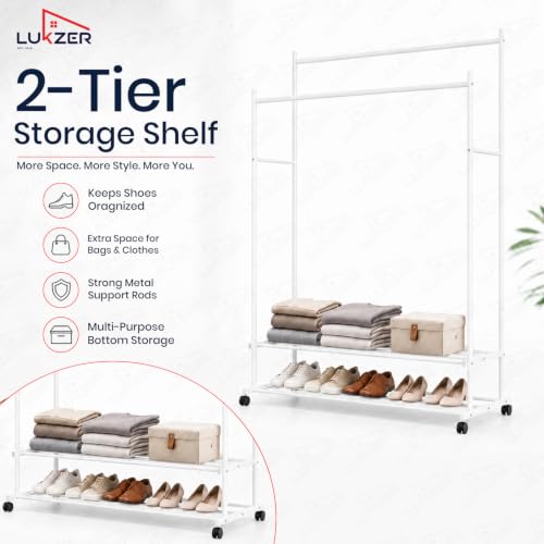 Image of Lukzer Double Rod Metal Garment Stand with Wheels & 2-Tier Storage Organiser Shelves, Portable Clothes Rack and Coat Hanger With Shoe Rack for Bedroom, Entryway & Boutique (White /109 x 48 x 158 cm)