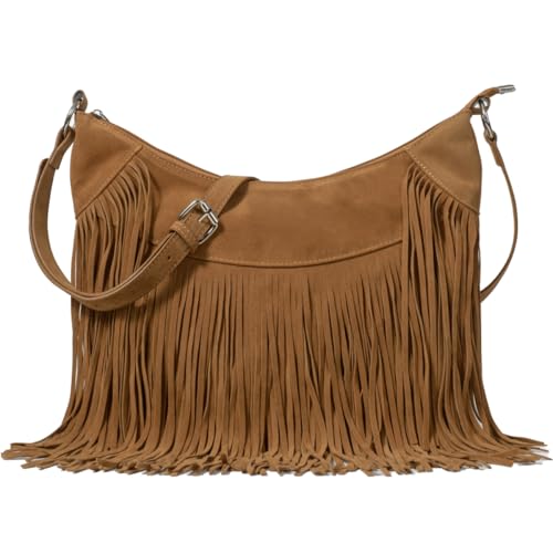 Sunwel Fashion Bolsa feminina Hobo com franjas bolsa de ombro bolsa tiracolo hippie de camurça vegana, Pulseira marrom