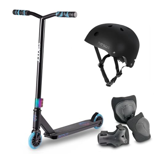 Patinete Freestyle SKITT - Scout | Set Freestyle | Rodamientos ABEC-9 de Alto Rendimiento | Construcción Ligera de Aluminio | Manillar Freestyle con rotación de 360° (Negro Arcoíris)