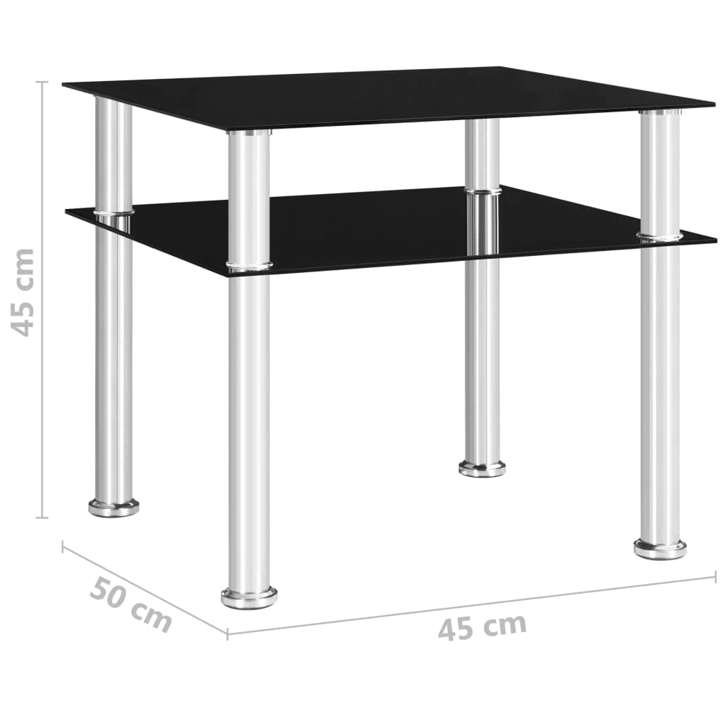 Beistelltisch Schwarz mit Hartglasplatte und Edelstahlbeinen 45x50x45 cm, Ablagetisch für Wohnzimmer Schlafzimmer Balkon, Stabiler Couchtisch mit Ablagefach für Bücher Lampe Getränke