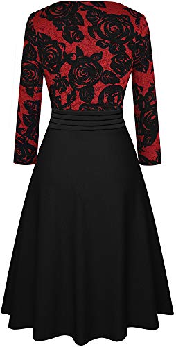 HOMEYEE Women's Chic V-Neck Lace Patchwork Flare Party Dress A062 (6, Red+Black Fabric B)