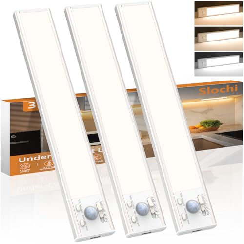 slochi Rechargeable Under Cabinet Kitchen Lights-3 Color&Dimmable 3 Modes Motion Sensor Magnetic&Stick Easy Installation Under Closet Light for Counter Wardrobe Shelf Cupboard-20CM/3 Pack