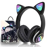 Picture of KERHAND Bluetooth Headphones for Kids, Cute Ear Cat Ear LED Light Up Foldable Headphones Stereo Over Ear with Microphone/TF Card Wireless Headphone for iPhone/iPad/Smartphone/Laptop/PC/TV (Black)