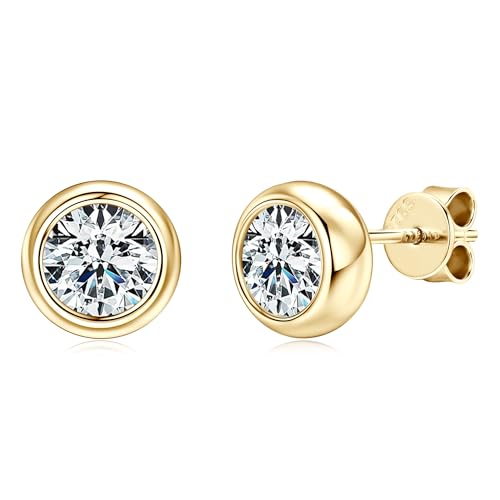 925 Sterling Silver Round Moissanite Stud Earrings for Women & Men, D Color VVS1, Hypoallergenic Bezel Set, 14K Gold Plated, Imitation Diamond Gifts